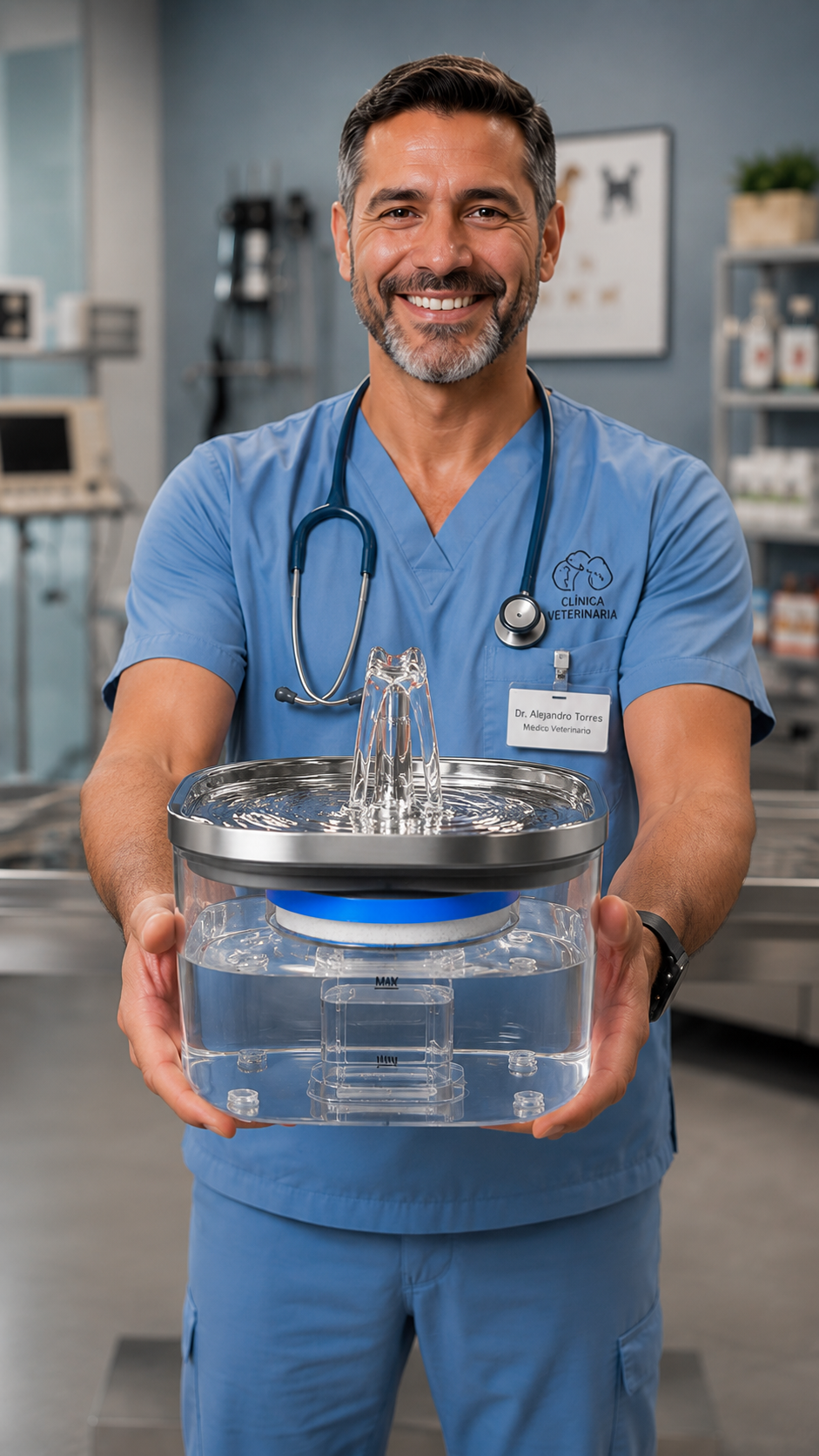 Veterinario presentando la fuente de agua automática