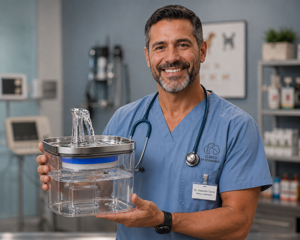Veterinario sosteniendo la fuente de agua automática
