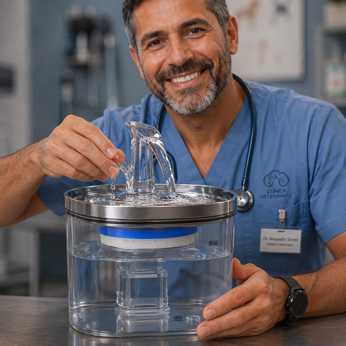 Detalle de manos de veterinario con la fuente de agua