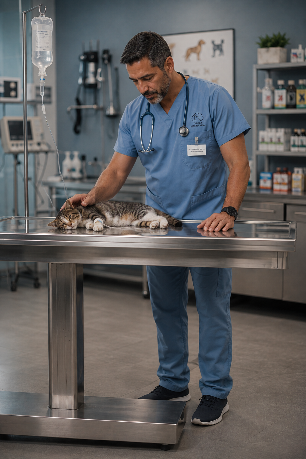 Veterinario examinando a un gato en la clínica