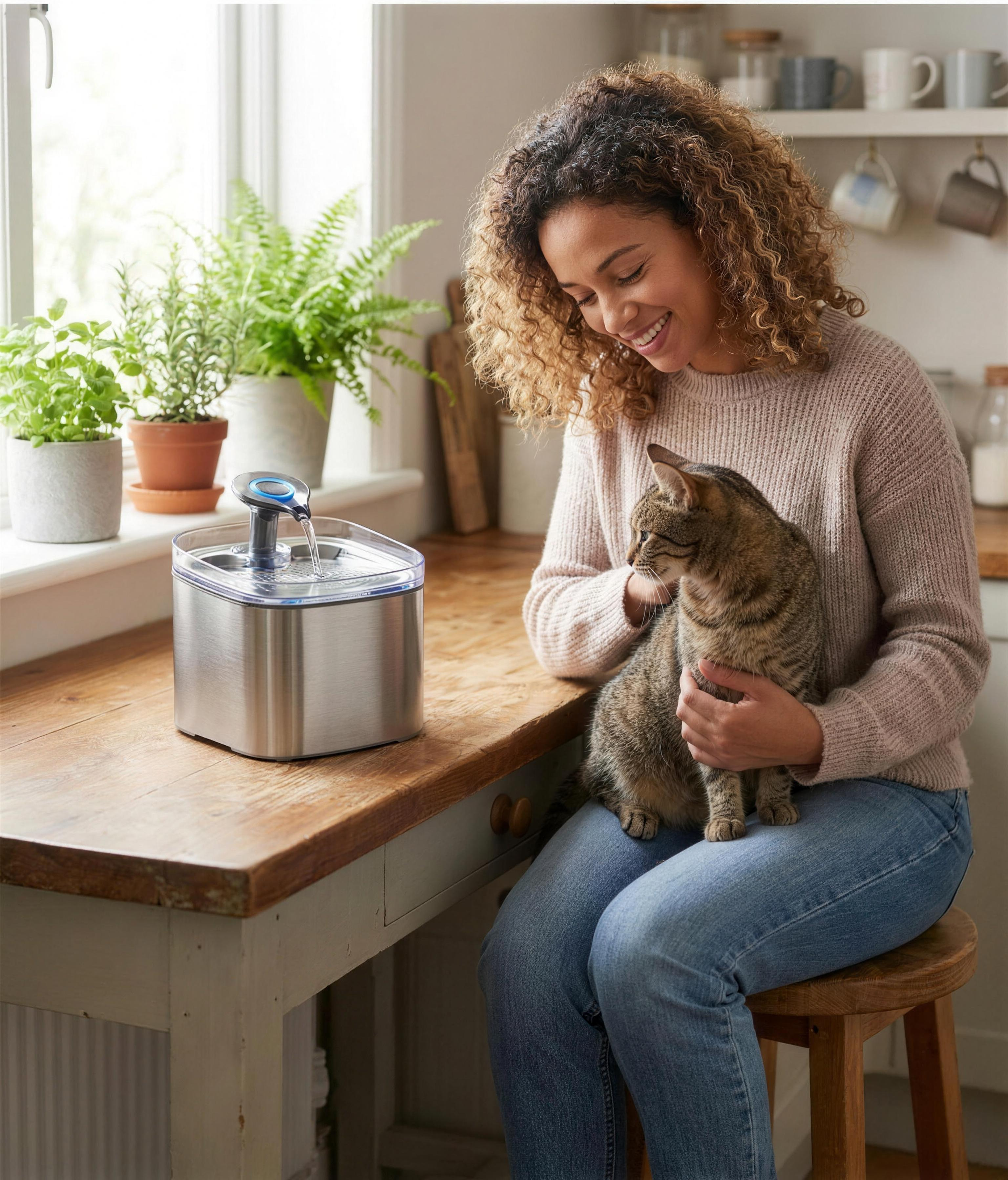 Persona con su gato y la fuente de agua en la cocina, en alta definición