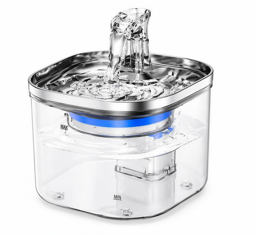 Fuente de agua automática para mascotas - vista en ángulo en alta definición