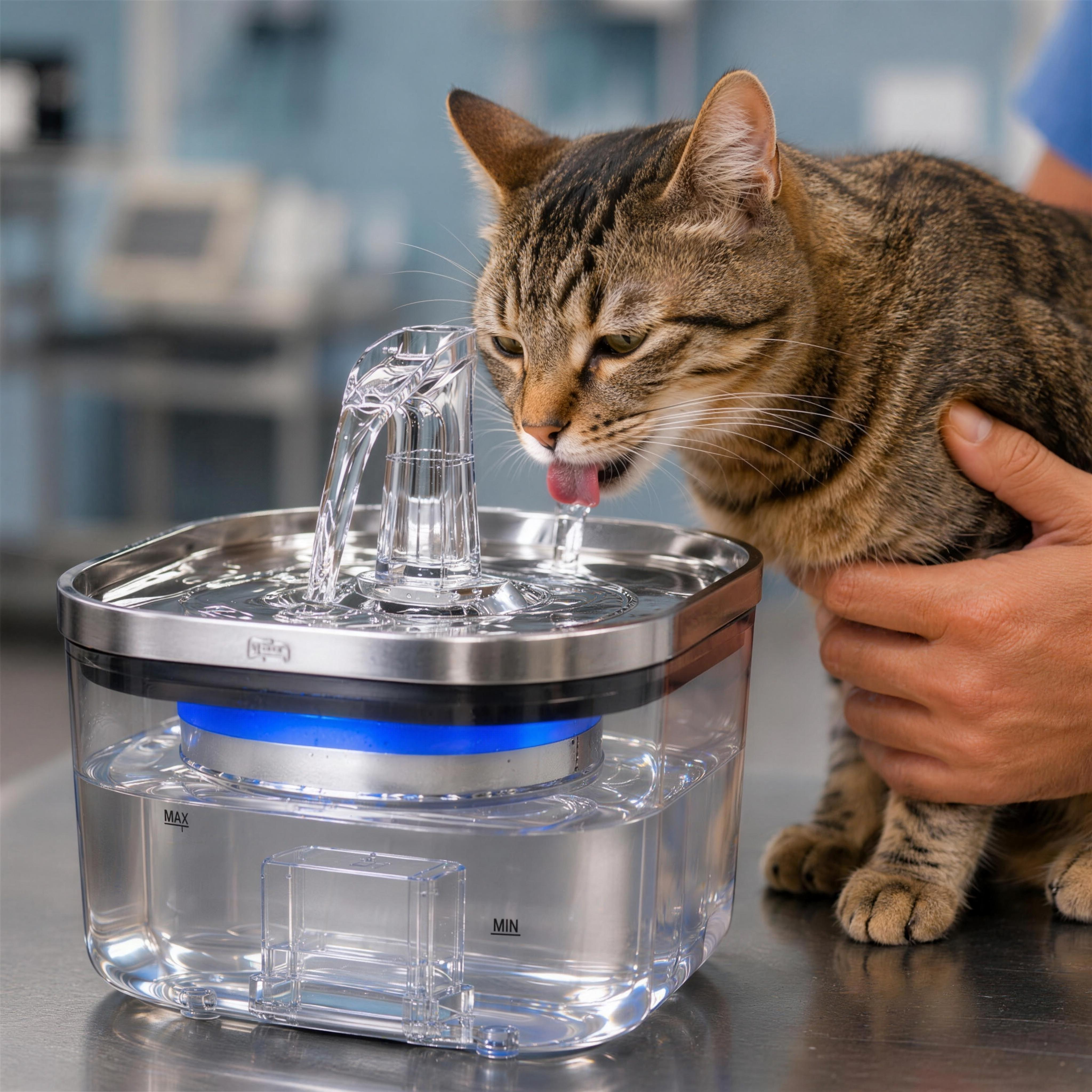 Gato bebiendo agua de la fuente automática en alta definición